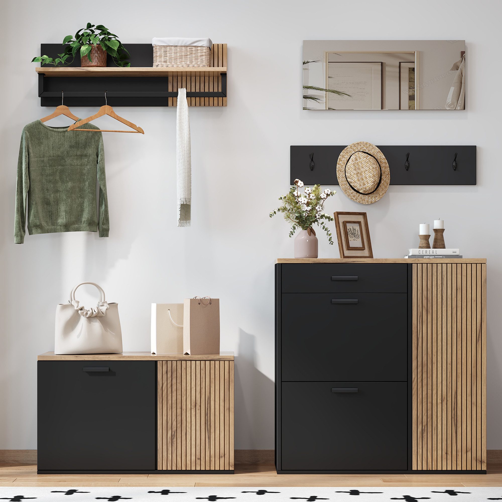Merax Garderoben-Set 5-teilig Garderobenschrank in Holz und Schwarz/Weiß, (5-St., Eingangsbereich-Schrank Flurmöbel), mit Schuhschrank,Kommode,Spiegel, Hutablage,Garderobenpaneel mit Haken