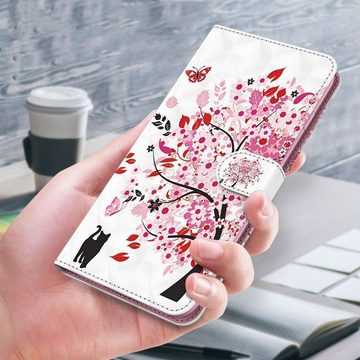 CLM-Tech Handytasche für Xiaomi Redmi Note 13 Pro 5G Hülle Tasche aus Kunstleder Klapphülle (Baum rosa weiß, Handyhülle Wallet Flip Case Cover Etui), Schutzhülle mit Standfunktion, Kartenfächer, und Magnetverschluss