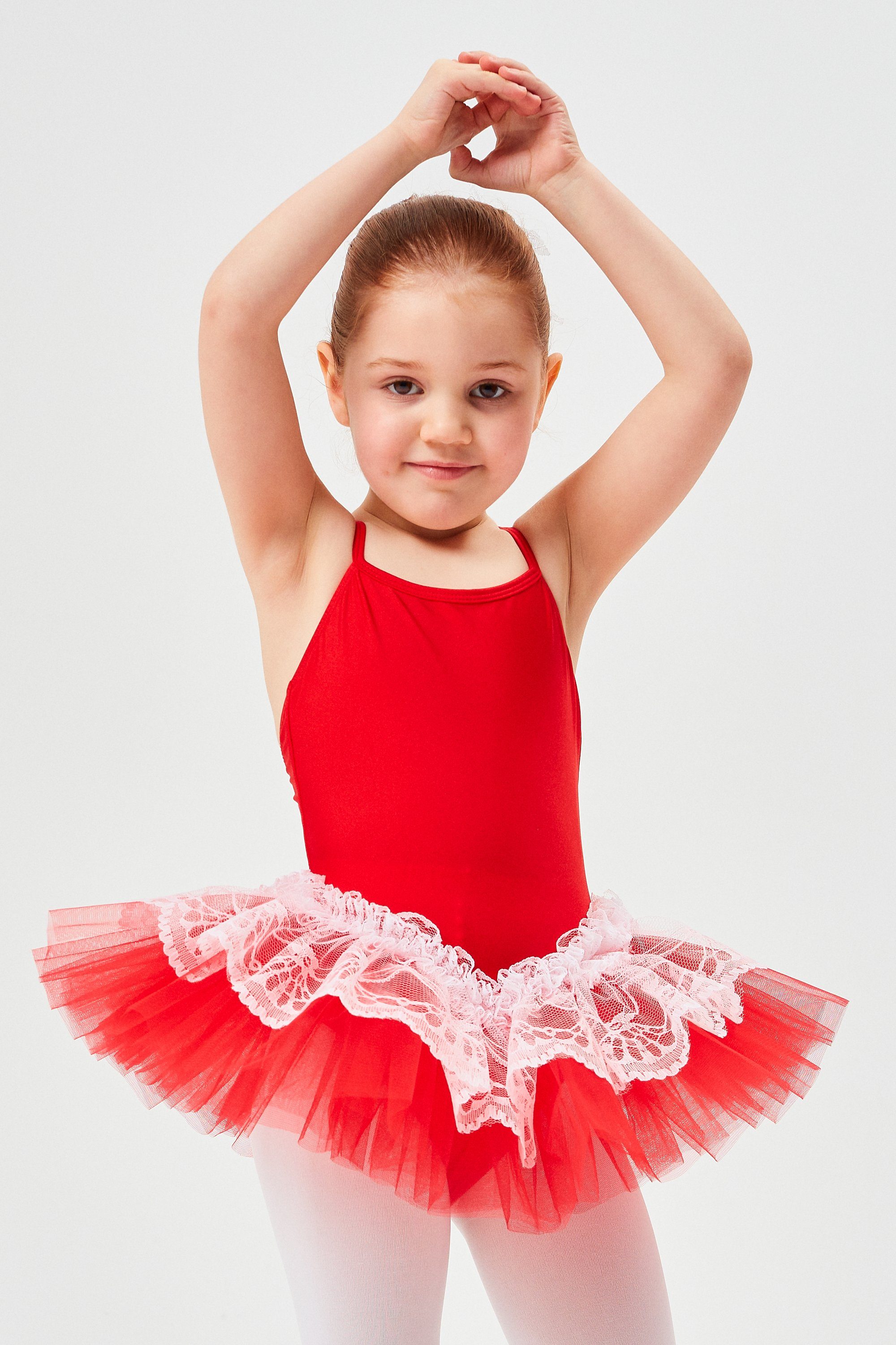 tanzmuster Tüllkleid Ballett Tutu Antonia mit Spaghettiträgern Ballettkleid für Mädchen aus glänzendem Lycra, Tüllrock mit Spitze rot
