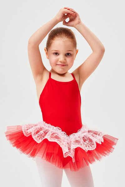 tanzmuster Tüllkleid Ballett Tutu Antonia mit Spaghettiträgern Ballettkleid für Mädchen aus glänzendem Lycra, Tüllrock mit Spitze
