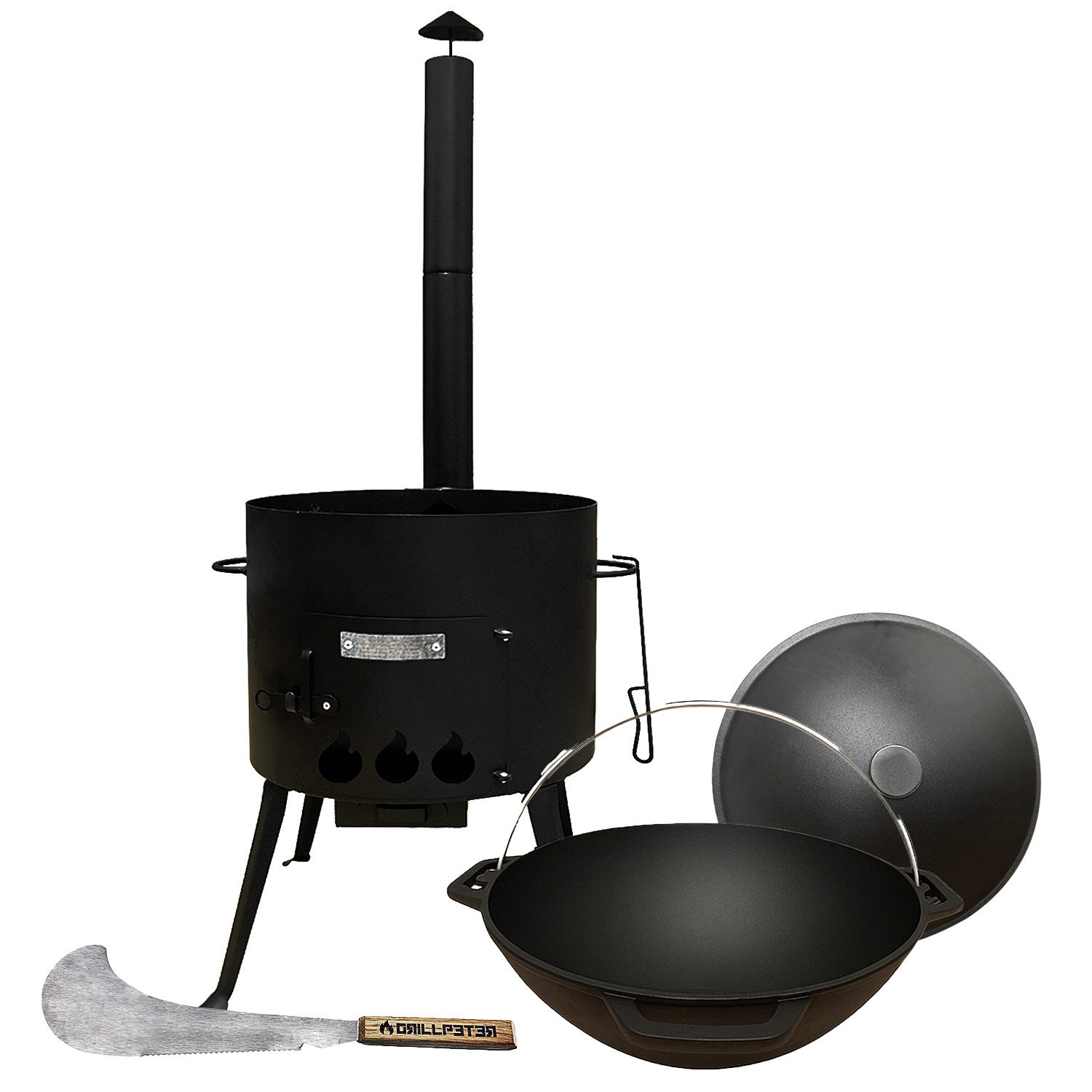 Olymp Handels GmbH Holzkohlegrill Utschak Set mit Kasan 12L Deckel aus Gusseisen mit Grillmachete