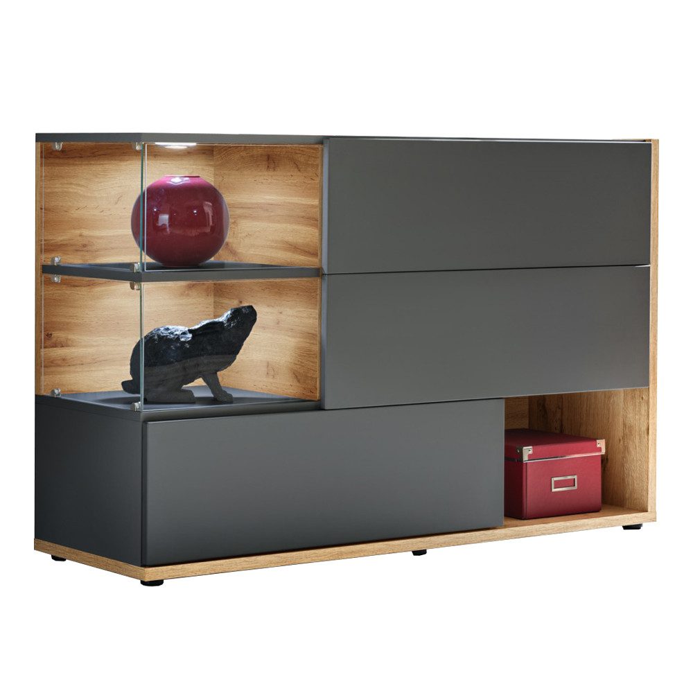 Lomadox Sideboard SAPRI-164, Kommode Vitrine, anthrazit mit Eiche, inkl. LED-Beleuchtung