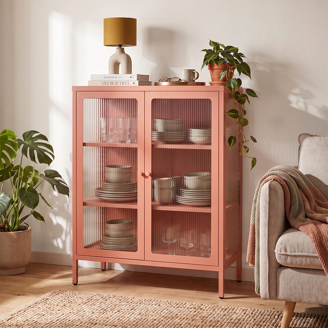 skølm Highboard Norns Vitrinenschrank mit Glastüren (terrakotta, bis 80 kg belastbar, kratzfest), Metallkommode mit verstellbaren Fächern, Sideboard 100x38x80 cm