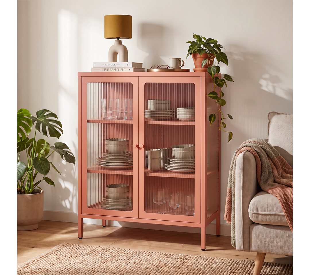 skølm Highboard Norns Vitrinenschrank mit Glastüren (terrakotta, bis 80 kg belastbar, kratzfest), Metallkommode mit verstellbaren Fächern, Sideboard 100x38x80 cm