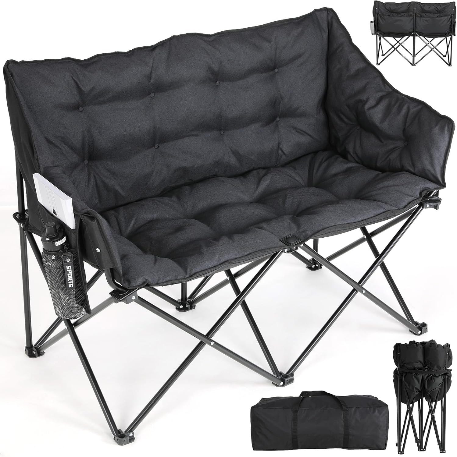 TLGREEN Campingstuhl Doppel Campingstuhl Klappbar 320KG Belastbar (Gepolstert XXL Outdoor Klappstuhl mit Seitentaschen & Rückentasche), Campingsofa 2 Personen für Garten, Angeln, Camping, Strand