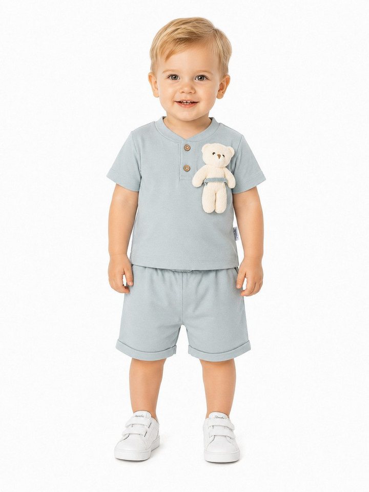 Lorey Medtec Neugeborenen-Geschenkset Jungen Baby Outfit, 2er Set, T-Shirt + Hose, 100% Baumwolle, Hellblau (T-Shirt + Shorts)