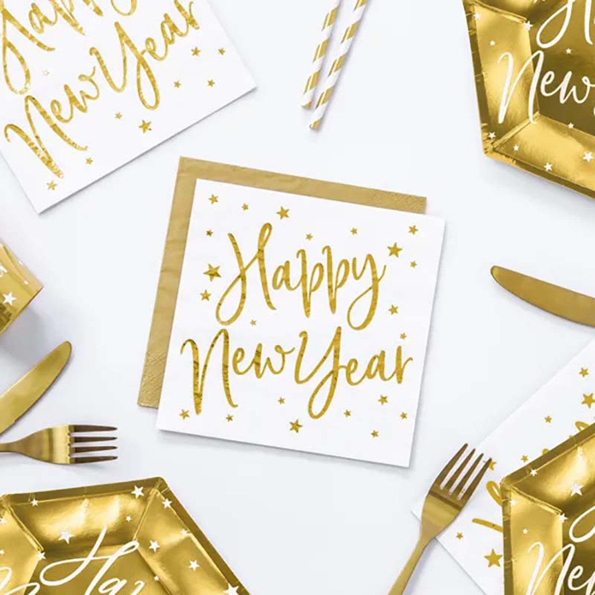 partydeco Hängedekoration Servietten 'Happy New Year' 20Stk/33x33cm, Weiß/G