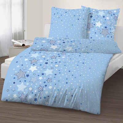 Bettwäsche Sterne 135x200 + 80x80 cm, 100 % Baumwolle, MTOnlinehandel, Biber, 2 teilig, Kinderbettwäsche mit vielen Sternen und Sternchen in blau & himmelblau