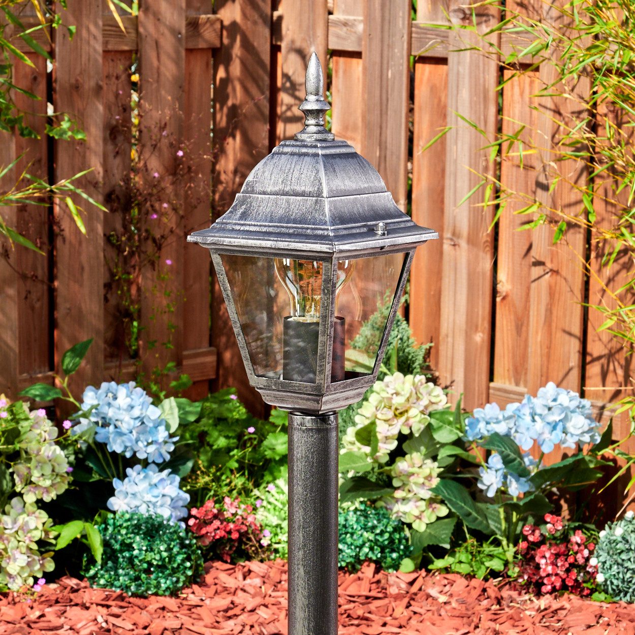 hofstein Pollerleuchte Außenwegeleuchte aus Metall/Glas in Schwarz/Silberfarben/Klar, ohne Leuchtmittel, Wegeleuchte im Vintage/Antik/Landhaus-Design, Höhe 140 cm, E27, IP44