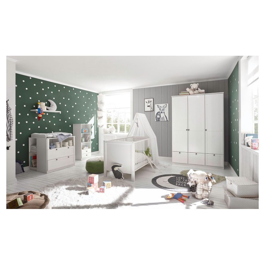 möbel-direkt.de Babyzimmer-Komplettset Landhaus "Filou" in modernem Landhaus Weiß, (8 teiliges Spar-Set, 8-tlg., Schrank, Bett, Lattenrost, Wickelkommode, Regale, Matratze), mit Soft Close, Made in Germany, mit Matratze