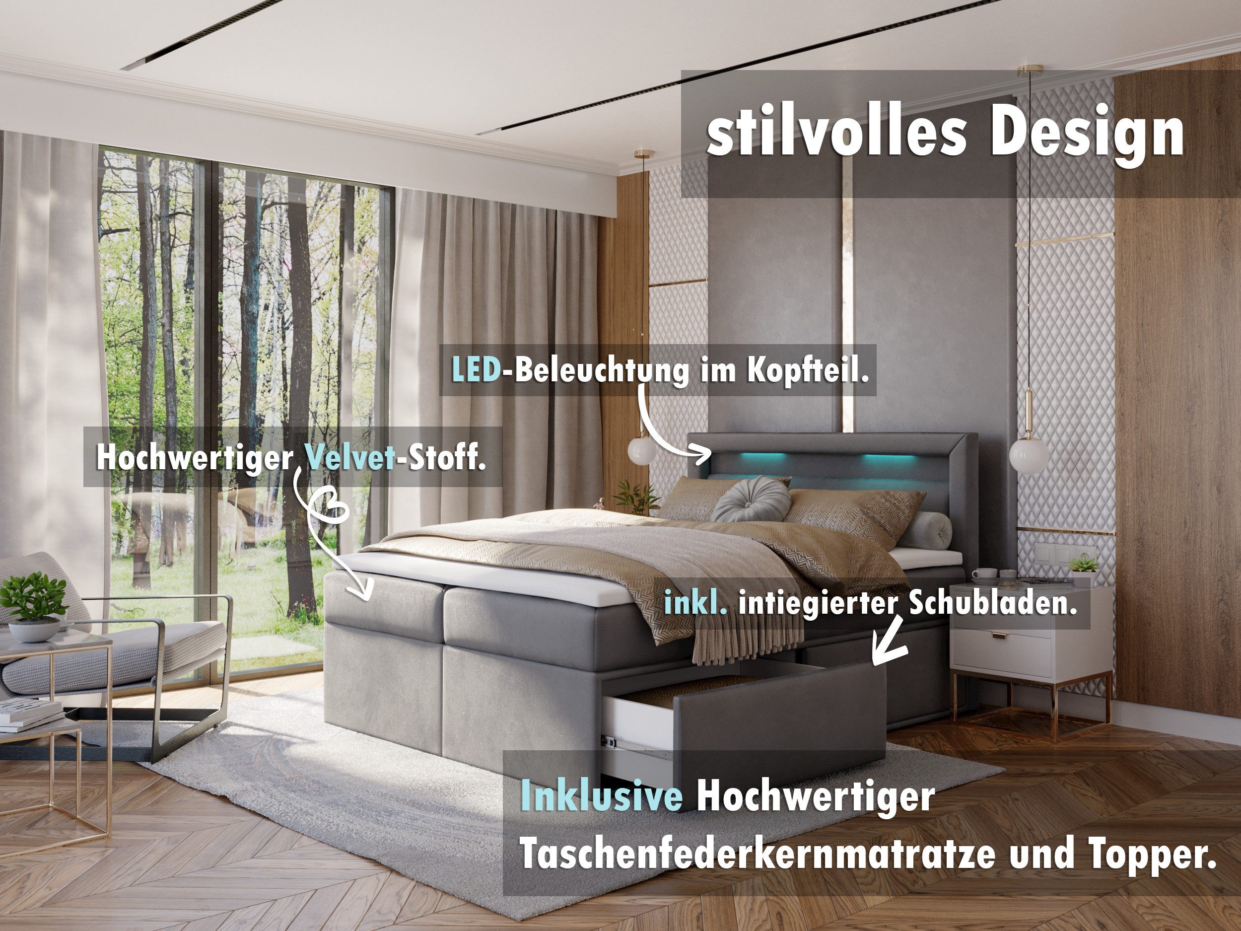 thematys Boxspringbett mit LED Polsterbett Stauraumbett günstig online kaufen