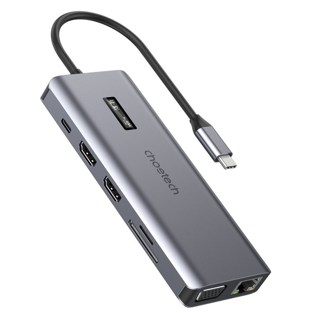 Choetech USB-C-Hub Adapter Dockingstation Dockingstation (12-in-1, Display, 2x HDMI 4K, LAN, PD 100W)