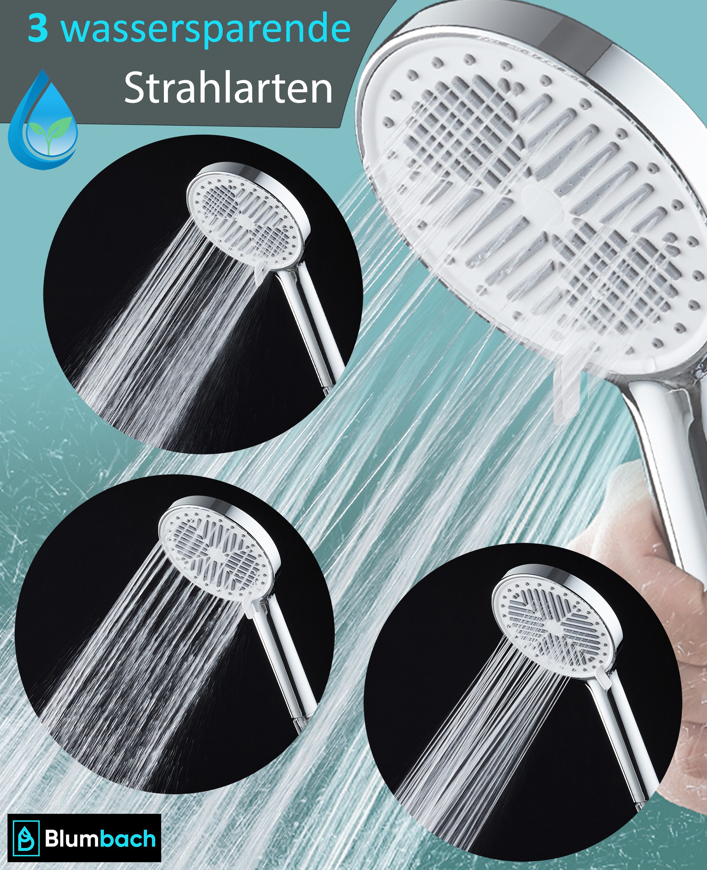 Blumbach Handbrause - Duschkopf Eco Shower, (3 Strahlarten, sehr wassersparend - Wasserverbrauch nur 6 - 9 Liter/min), mit Antikalk Noppen - leicht zu Montieren ohne Werkzeug