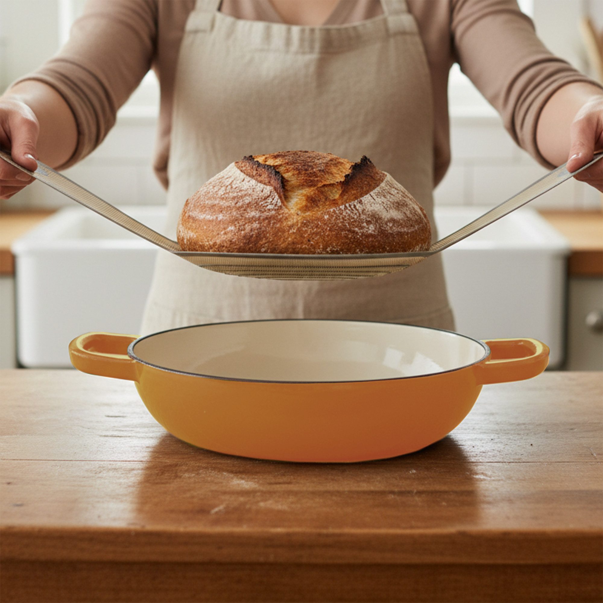 Mahlzeit Kochtopf Gusseisen Brottopf Set emailliert 6,4 Liter, Sunny Orange, Gusseisen, Ideal zum Backen von Broten