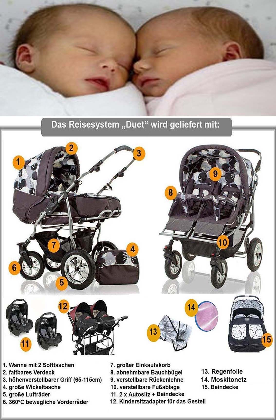 Zwillingskinderwagen 20 - Zwillings-Kombikinderwagen in Farben 3 Duet 1 Elcar 15 - Schwarz-Grau in Teile