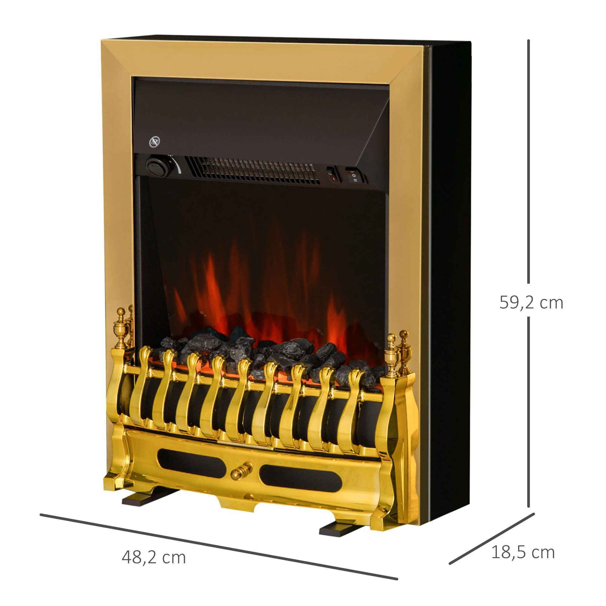 HOMCOM Elektrokamin Dekokamin mit Heizung, LED Flammeneffekt, elektrisch Kaminfeuer, Elektrokamin Kaminofen 1000,2000W Elektrischer Kamin Standkamin Gold