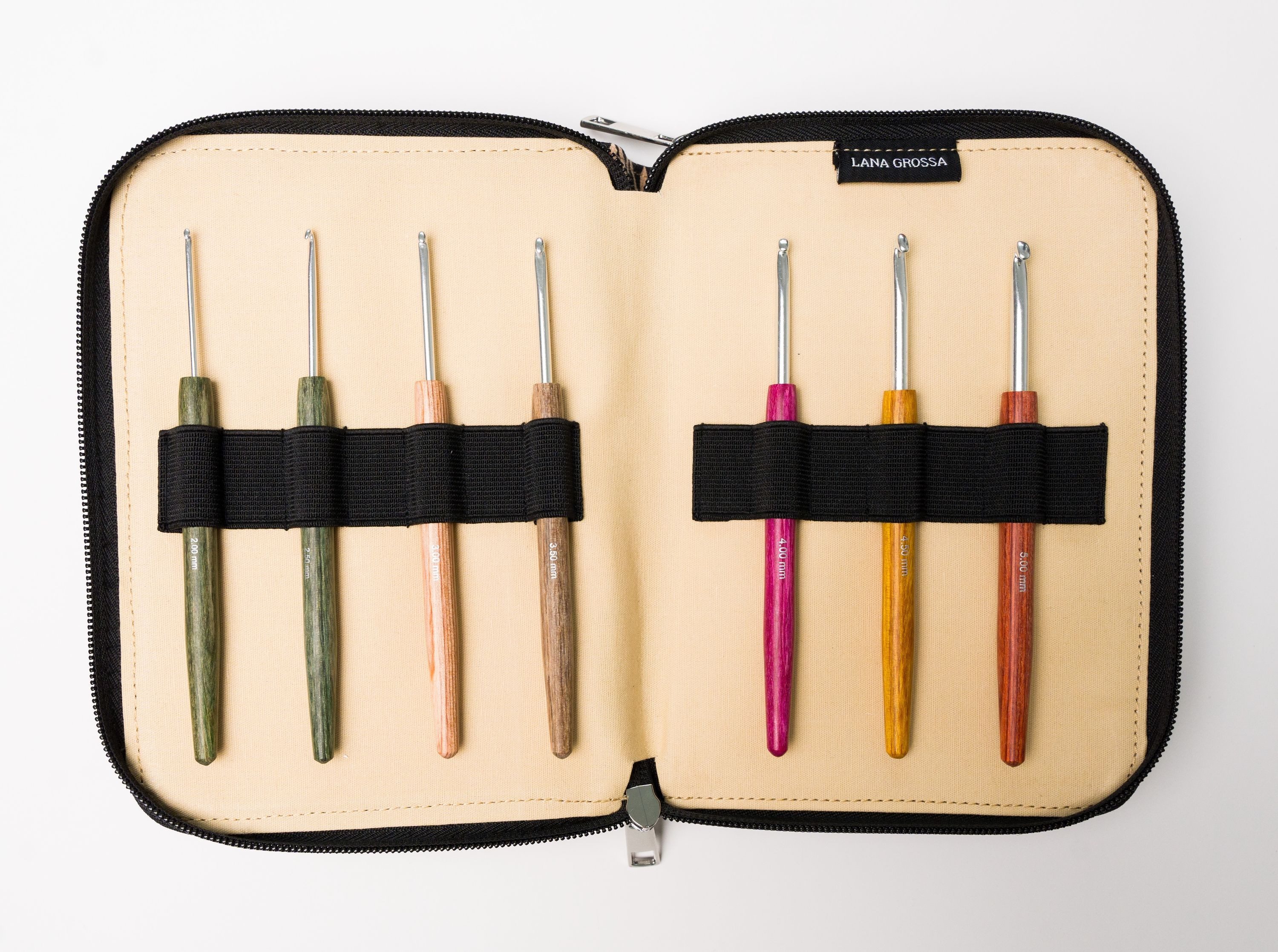 LANA GROSSA Häkelnadeln KnitPro Häkelnadel-Set Alu mit Holzgriff 14 Nadeln im stilvollen Etui, Edle Holz-Häkelnadeln 2,0 bis 12,0 mm im stilvollen Etui