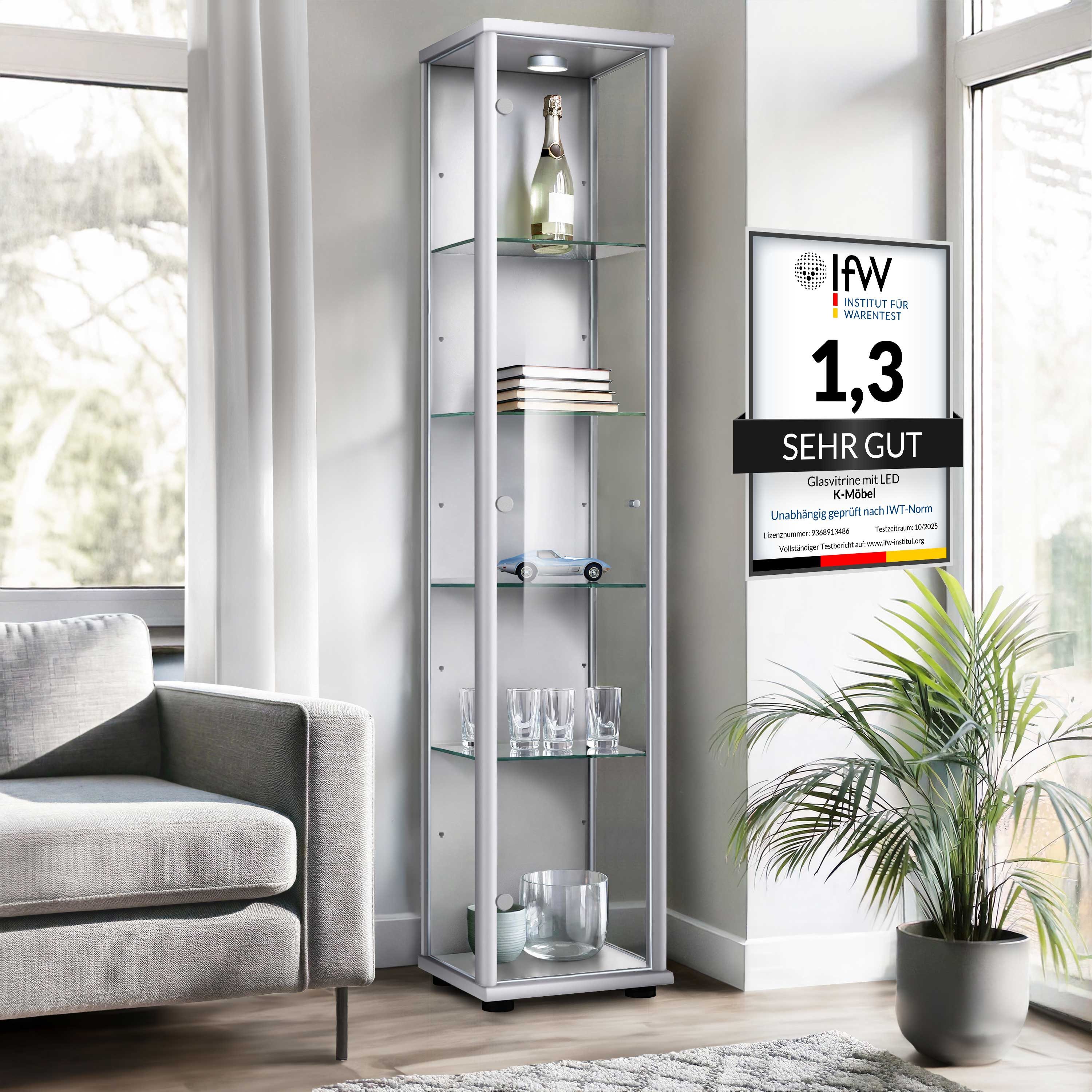 K-Möbel Glasvitrine C1014 (Glasvitrine (176x37x33 cm) mit 1 Glastür) Glasvitrine stehend
