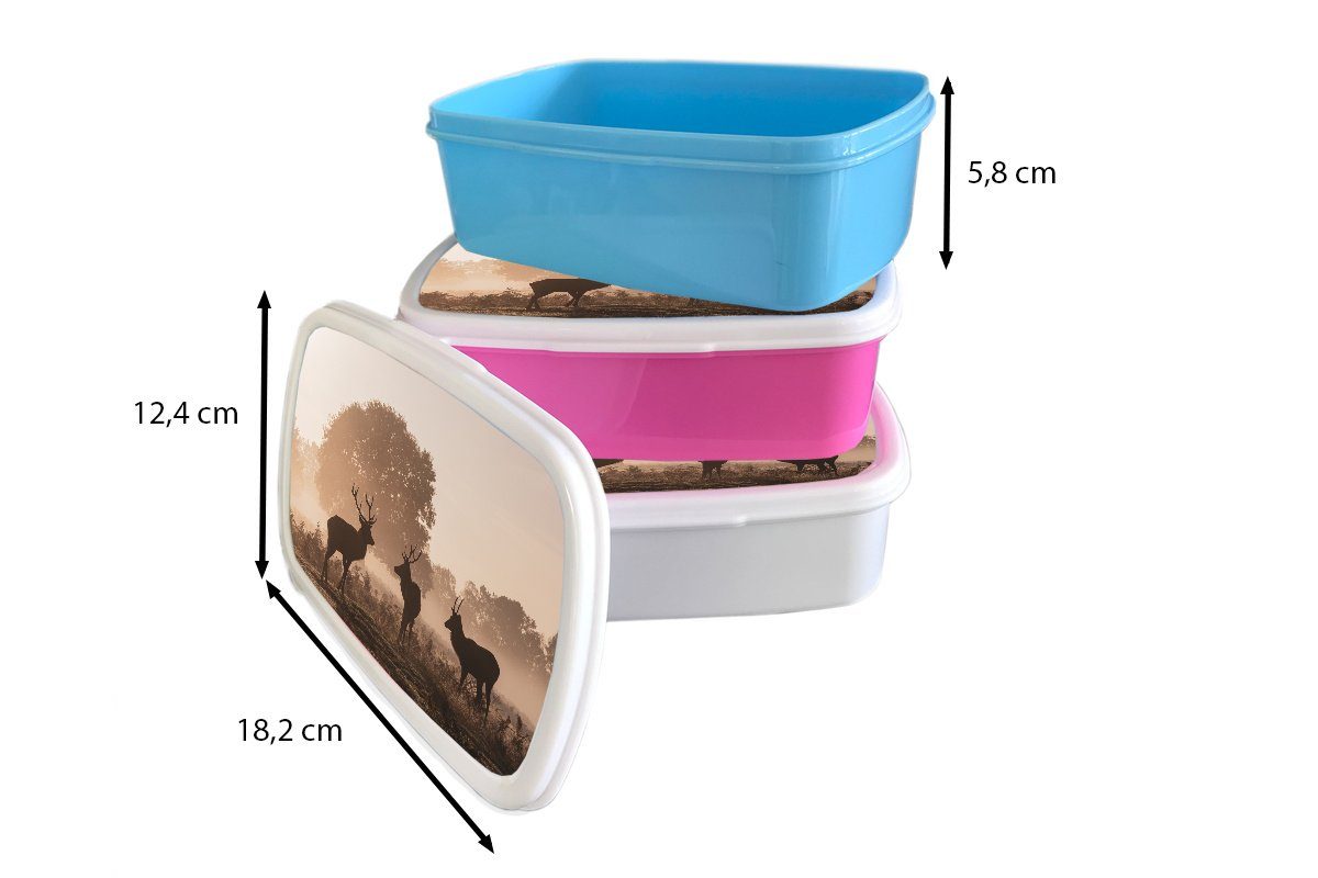 MuchoWow Lunchbox Hirsche - Nebel Brotbox Erwachsene, für Brotdose, Mädchen - Kinder (2-tlg), für und Jungs Wald, weiß und Kunststoff