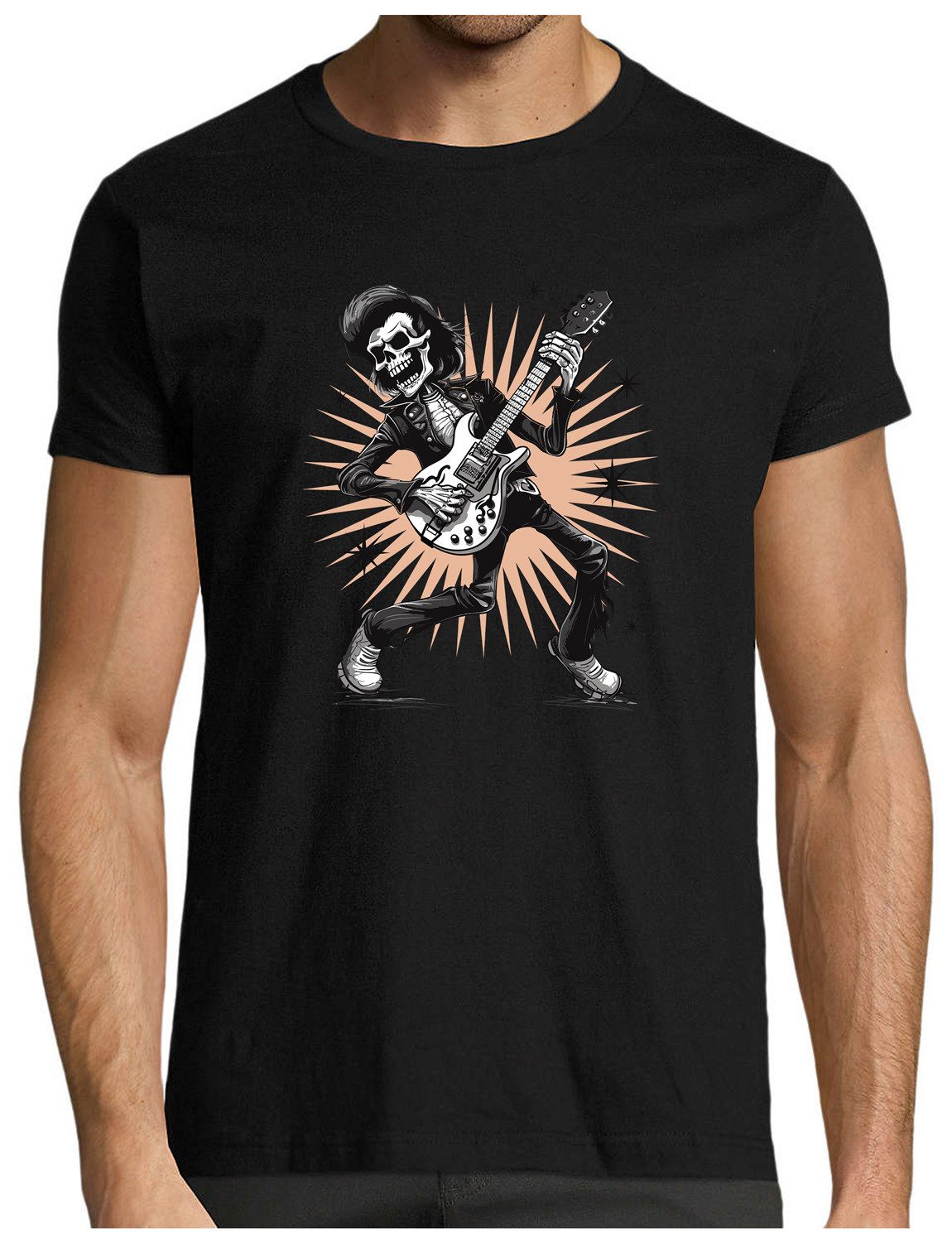 T-Shirt Herren Print Shirt - Skelett-Rocker Brustprint