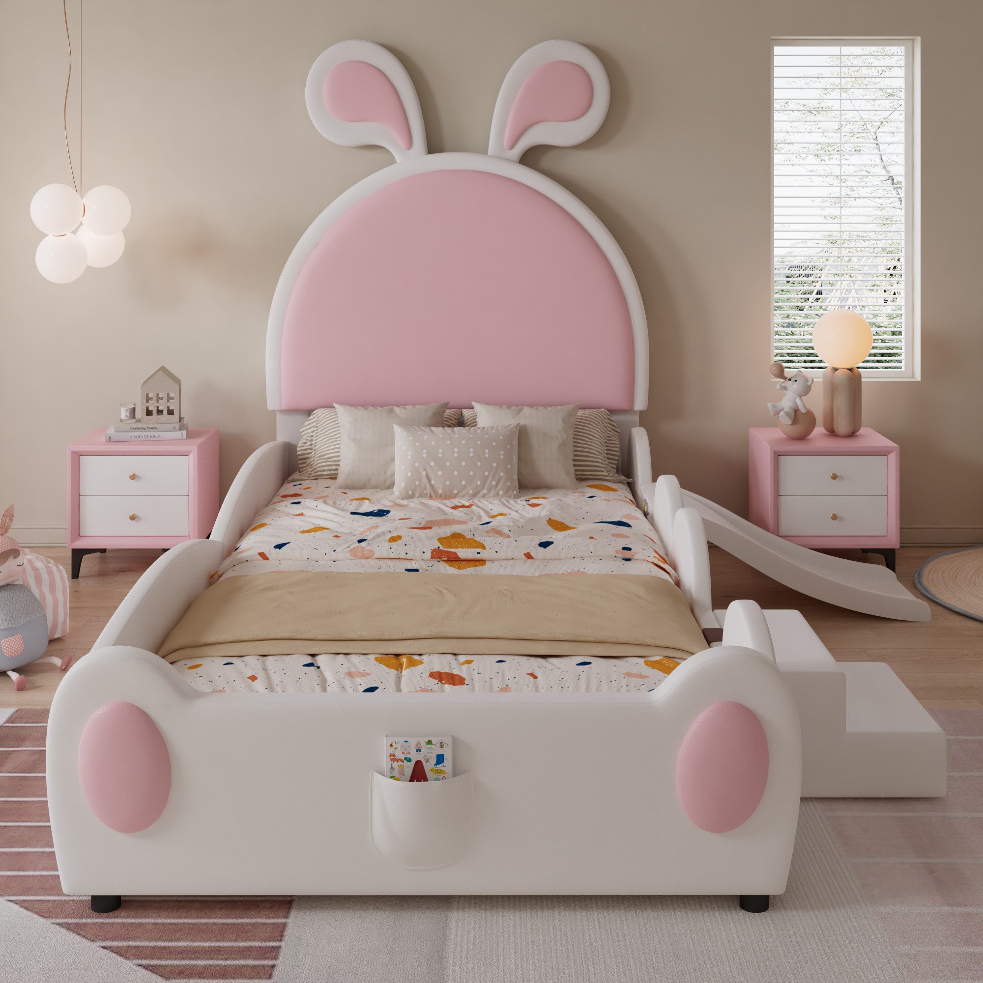 TavilaEcon Kinderbett mit kleiner Treppe und Kinderrutsche, Kopfteil mit Hasenohren, 90x200cm, mit Aufbewahrungstasche, PU-Bezug, Weiß+Rosa