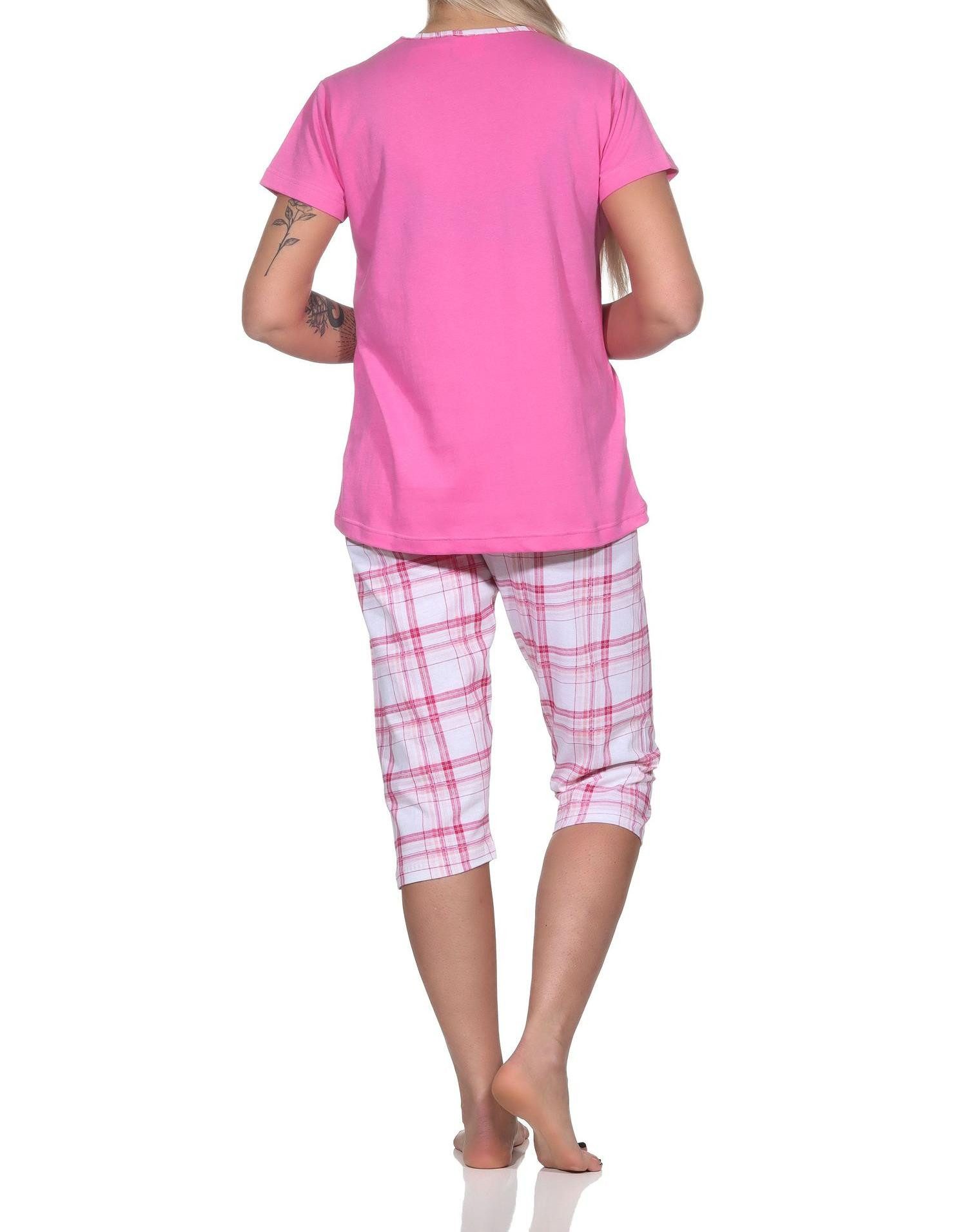 Normann Pyjama Eleganter Damen Capri Pyjama mit karierter ¾ Hose und Frontprint – Bild 3 von 4