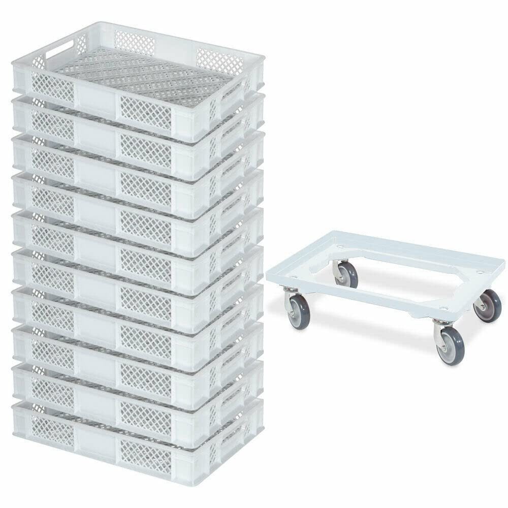 BRB-Lagertechnik Stapelbox 10x Eurobehälter/Bäckerkiste, LxBxH 600x400x90 mm + Transportroller, Stoßfest, robust und formstabil
