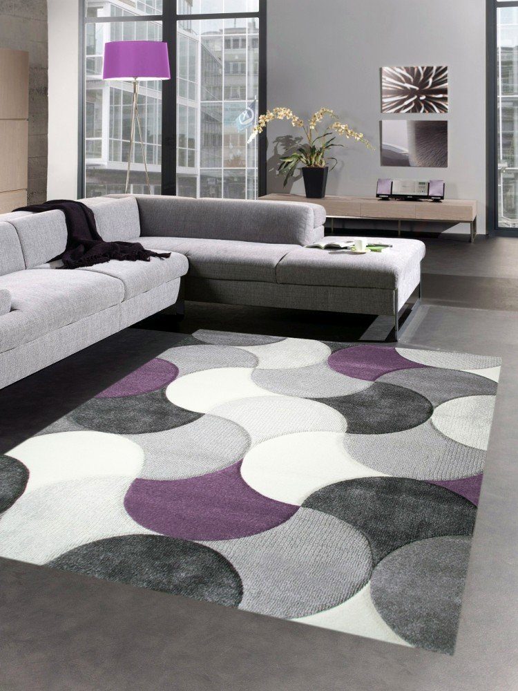 Teppich Designer Teppich Wohnzimmerteppich Kurzflor Tropfen lila grau  creme, Carpetia, rechteckig, Höhe: 13 mm