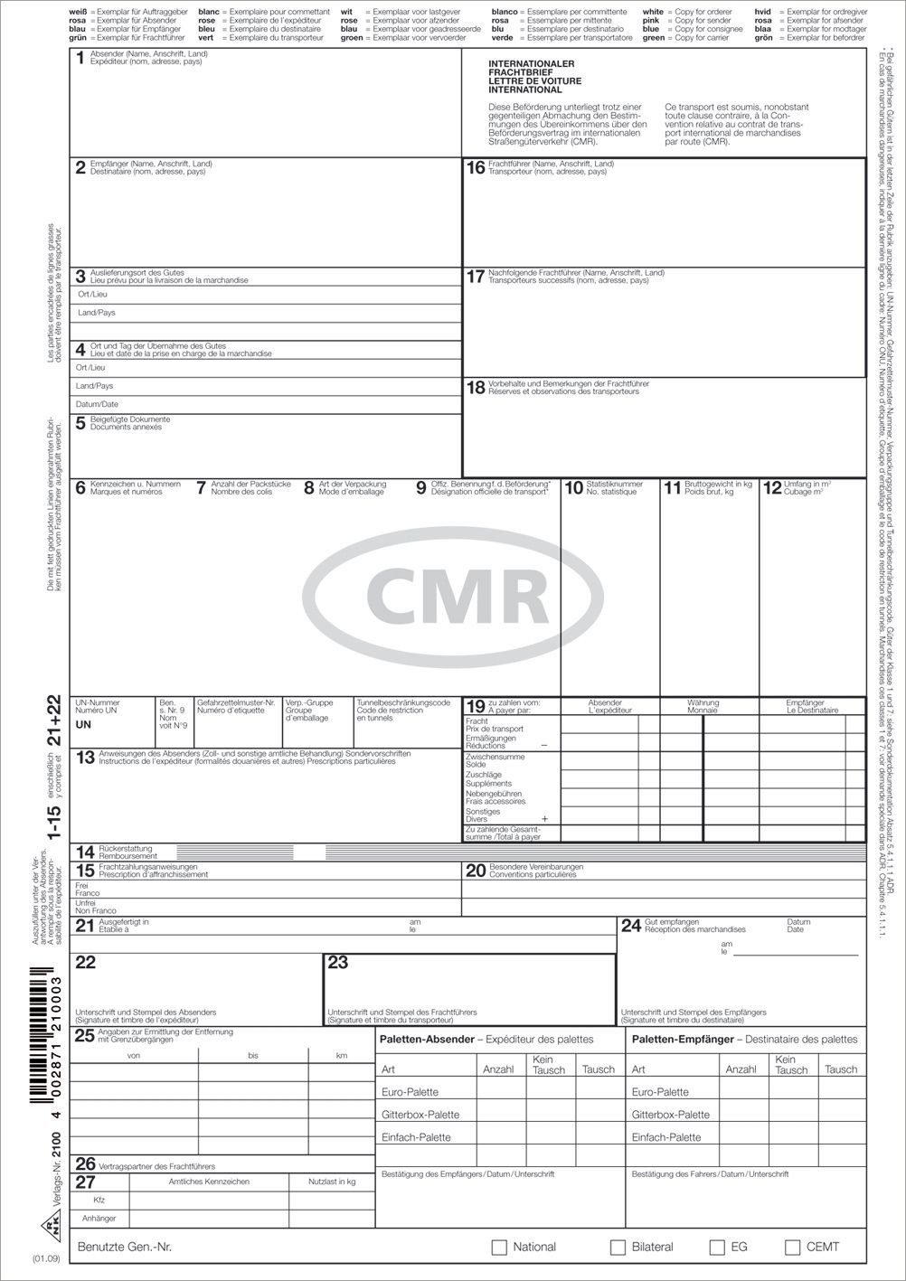 RNK Verlag Formularblock 2100 Internationaler Frachtbrief (CMR) - SD, 1 x 4 Blatt, DIN A4