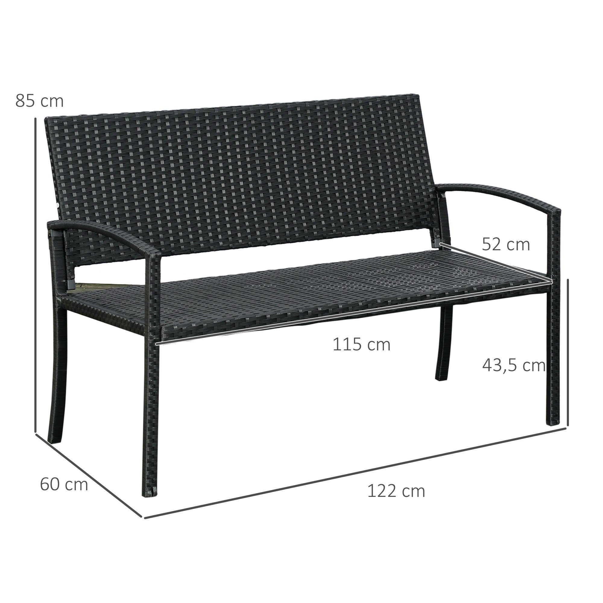 Outsunny Gartenbank für 2 Personen, bis 240 kg Belastbar, Schwarz, 122 x 60 x 85cm (Gartenmöbel, 1-St., Sitzbank), Sitzbank in Rattanoptik, Mit Stahlrahmen