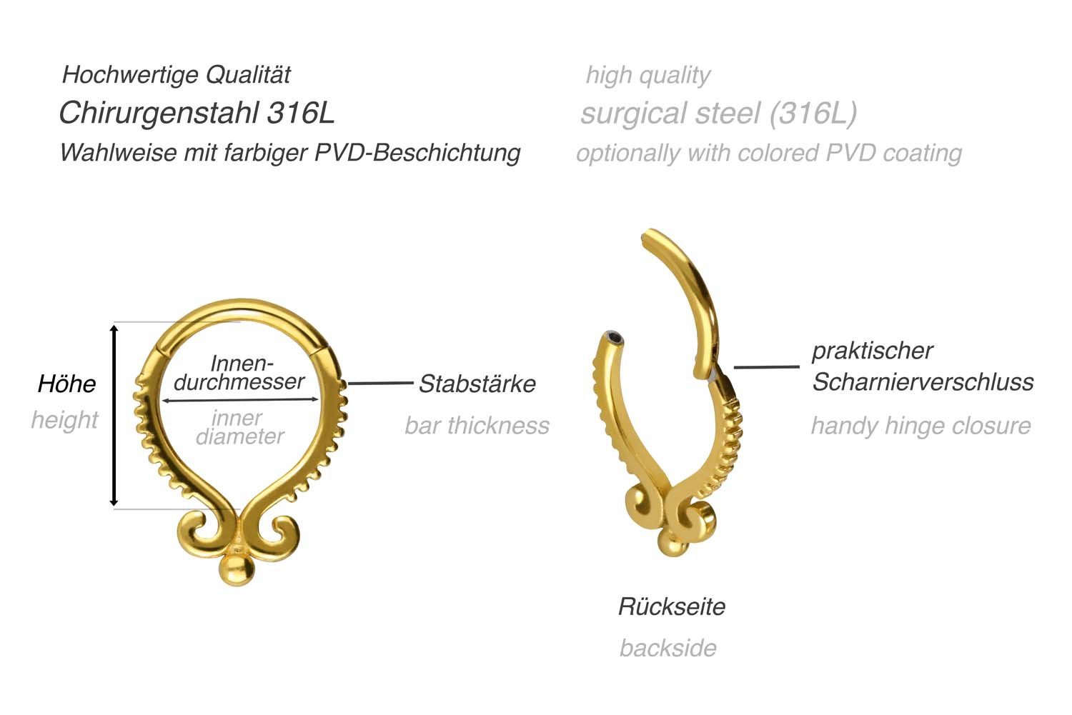 PIERCINGLINE Nasenpiercing Chirurgenstahl Segmentring Clicker ORIENTALISCHES DESIGN Ohrpiercing (Clicker, 1-tlg), Ohrpiercing für Conch, Helix, Tragus, Daith, Lobe