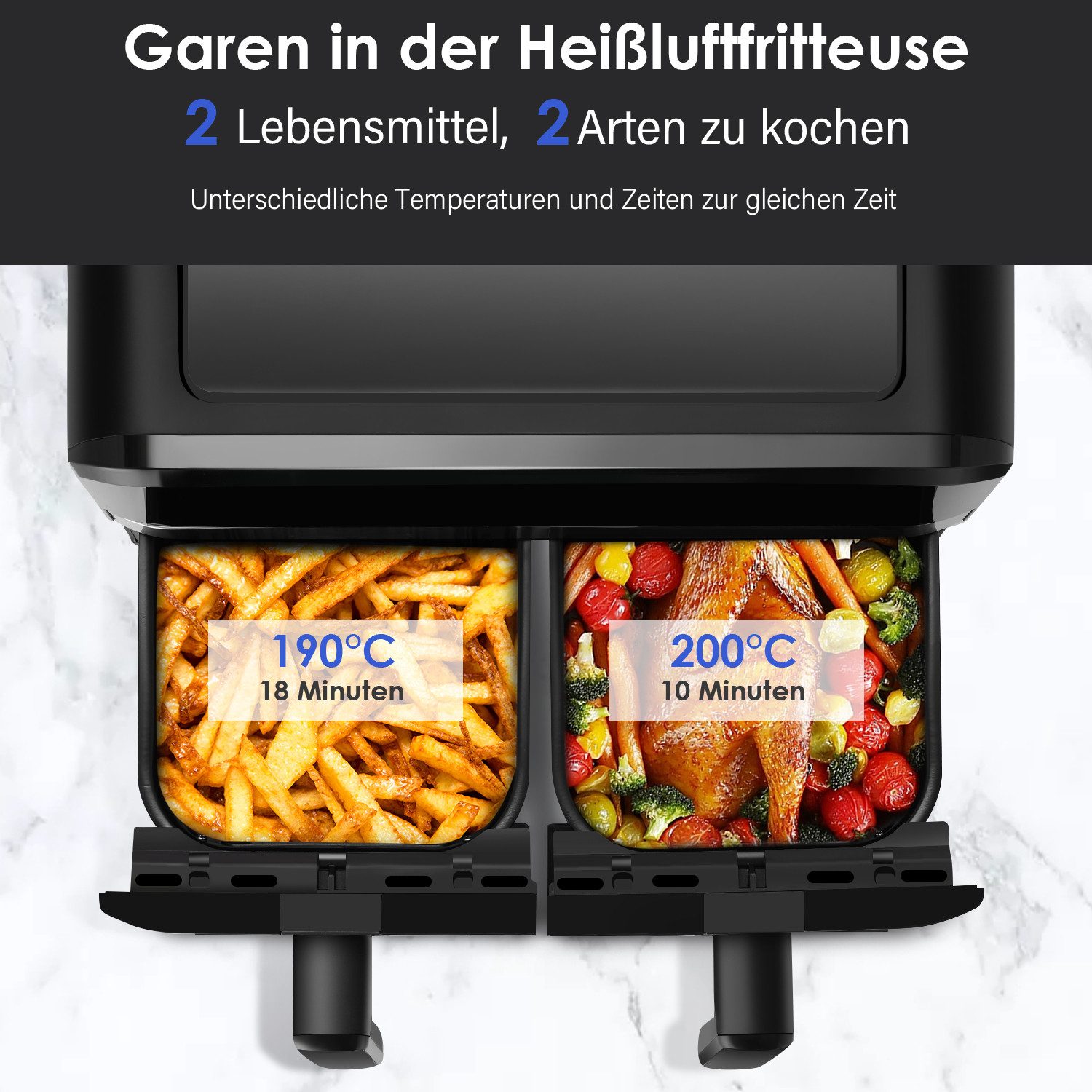 oyajia Heißluftfritteuse Heißluftfritteuse 2 Kammern, 10L Airfryer Doppelkammer Einkammer Verstellbar, 2600W 8 in 1 Heissluftfritteuse Doppelkammer Temperatur Separat Regeln Touchscreen, Doppel Air Fryer XXL Mit Sichtfenster, 2600 W