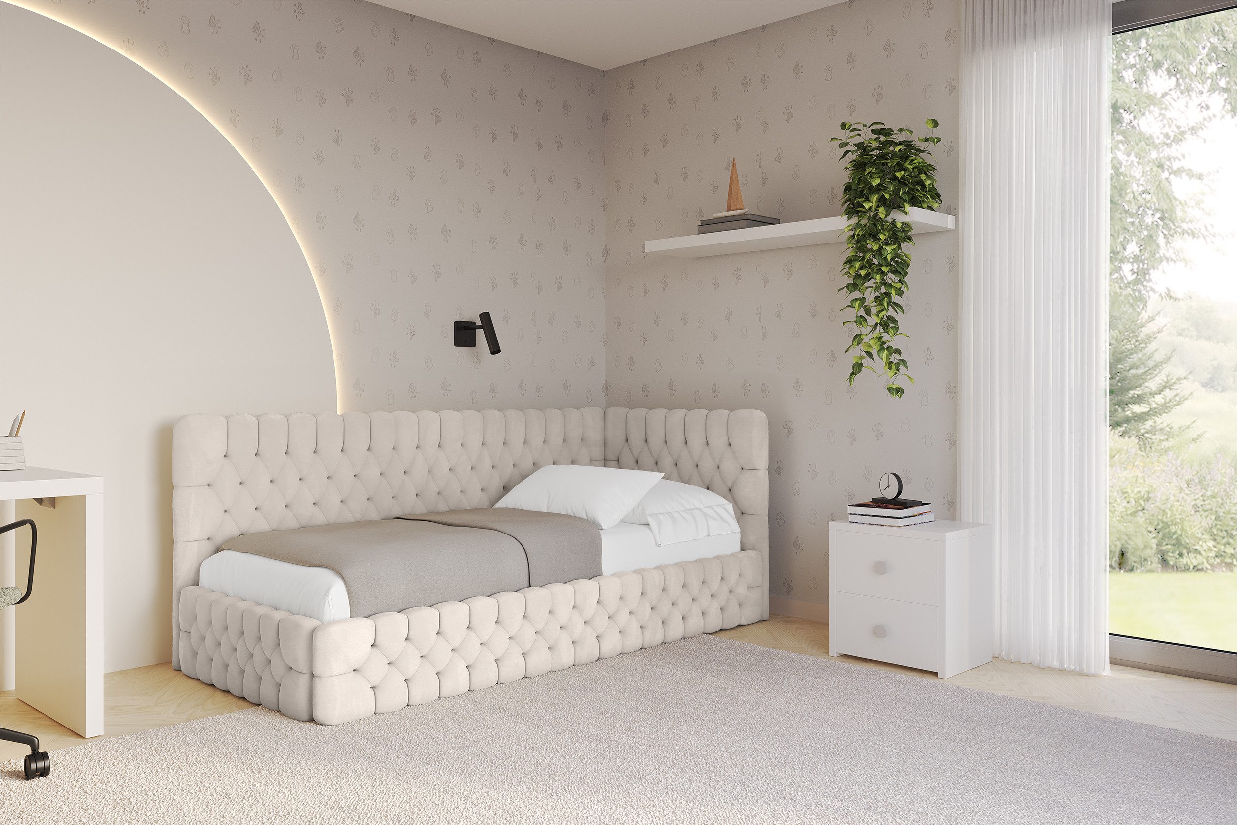 ALTDECOR Jugendbett MULY (Jugendbett mit Bettkasten und Lattenrost, Polsterbett mit Matratze), Einzelbett mit Stauraum, Bett mit Kopfteil