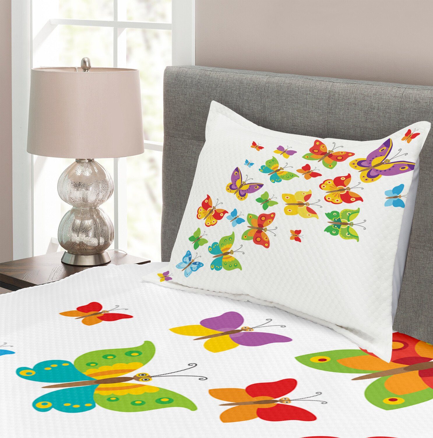 Set Tiere Cartoon Waschbar, mit Tagesdecke Schmetterling Frühling Abakuhaus, Kissenbezügen