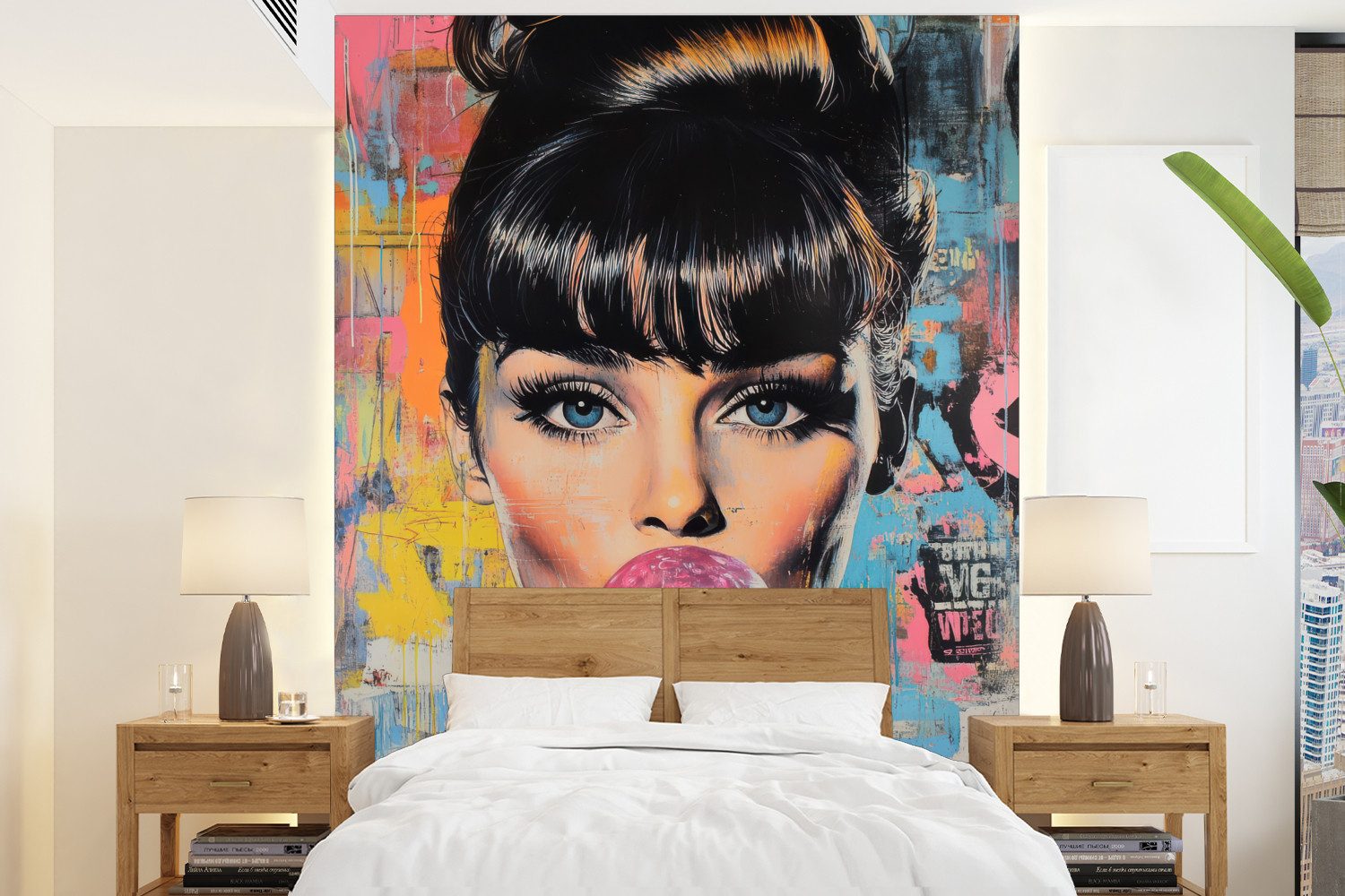 MuchoWow Fototapete Kaugummi - Frau - Pinselstriche - Modern, Matt, bedruckt, Vliestapete für Wohnzimmer Schlafzimmer Küche, Fototapete, 160x220 cm