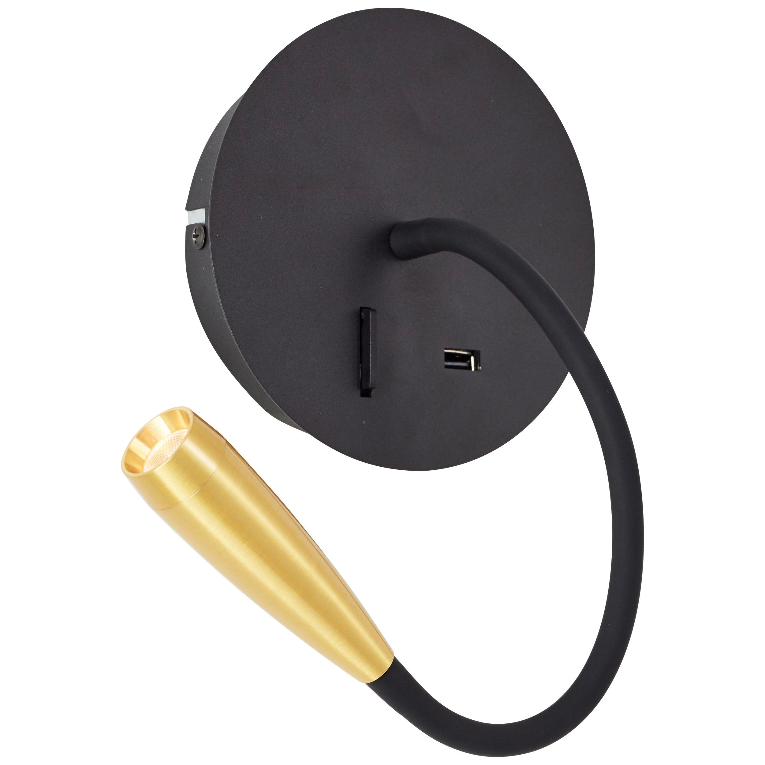 Brilliant LED Wandstrahler Jutta, LED fest integriert, Warmweiß, USB, flexibler Lesearm, 170 lm, 3000 K, schwarz/matt gold