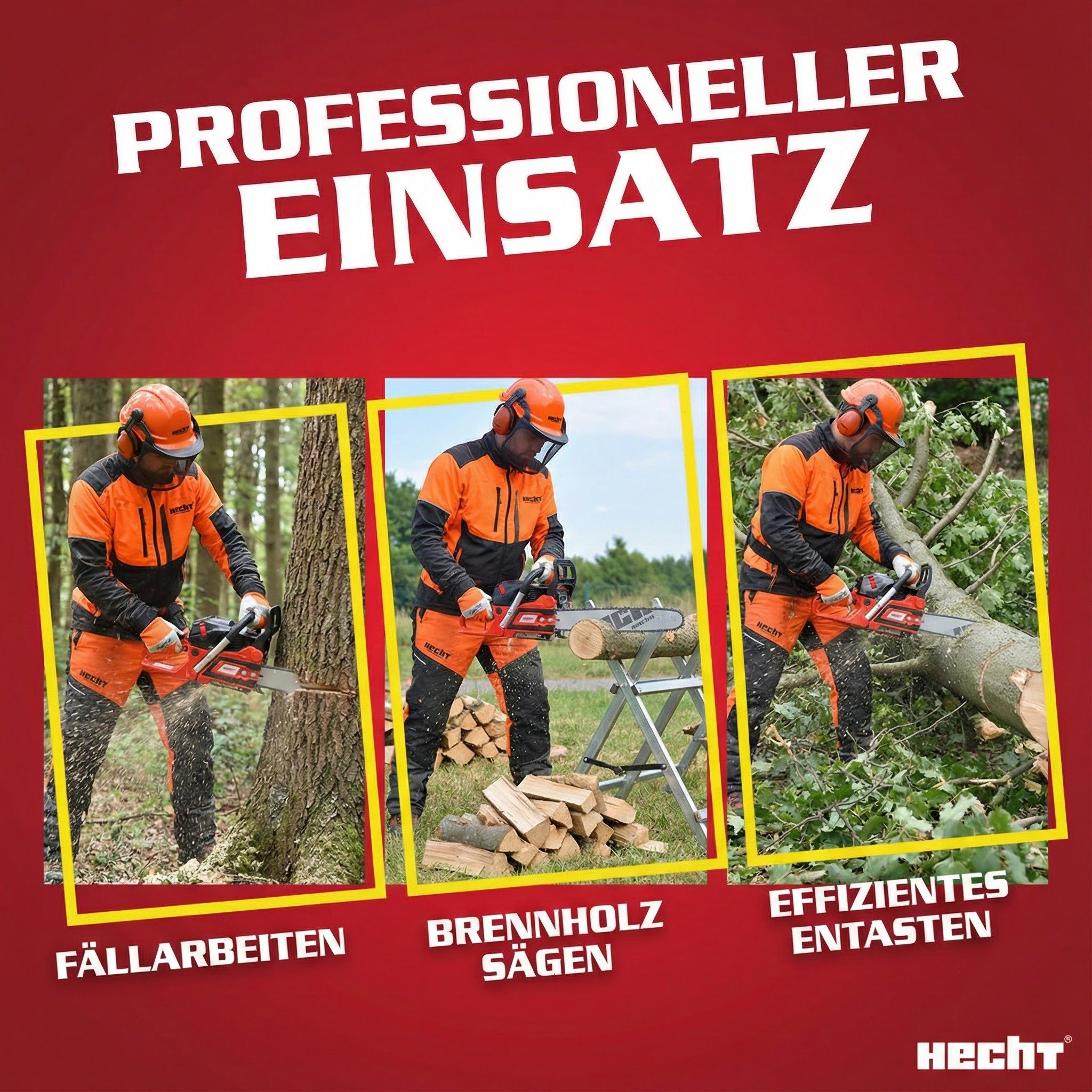 Hecht Benzin-Kettensäge Motorsäge 62, 2,9kW / 4PS, Baumkralle, 25Q72E, 50 cm Schwertlänge, 0,325´´, Umlenkstern, 45 cm Schnittlänge, 5,4 kg