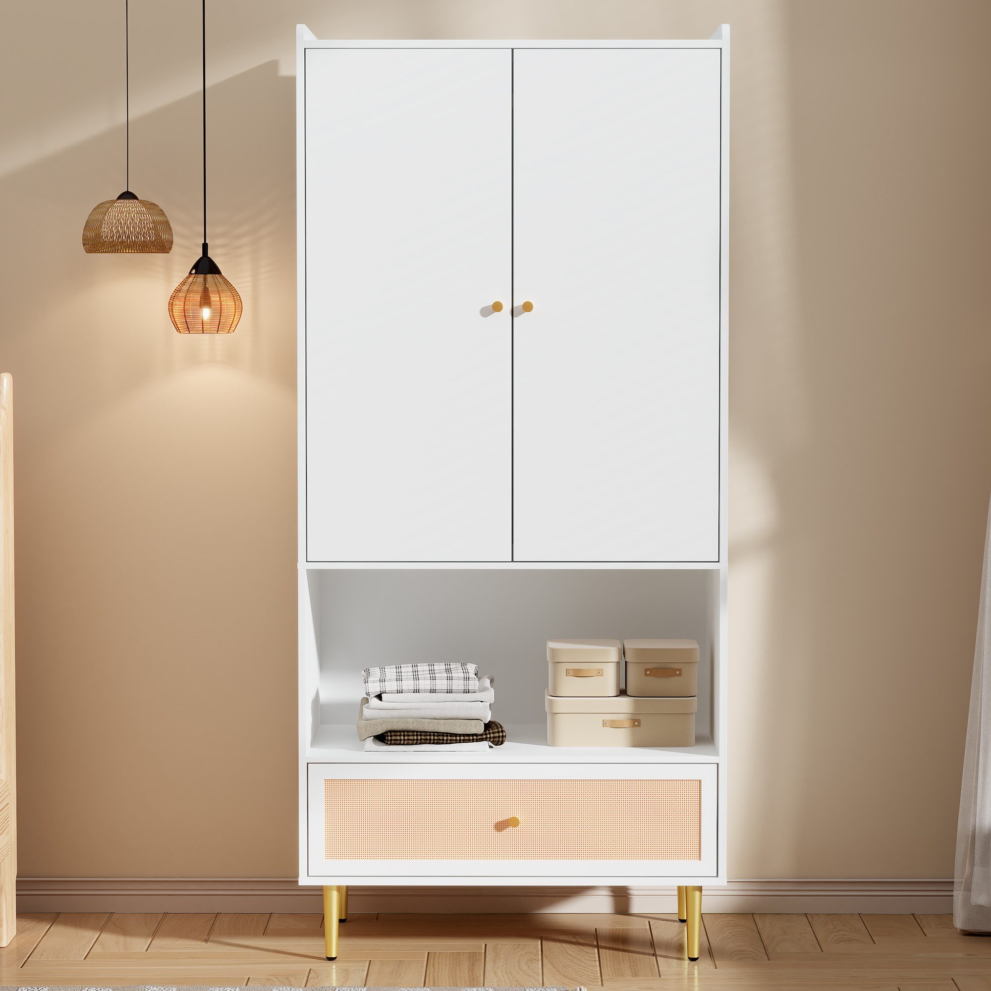 Flieks Kleiderschrank mit 1 großer Rattan-Schublade, 2 Türen und 1 offenen Fächern (1-St., 80x48x175 cm) Drehtürenschrank Garderobeschrank Kleiderstange Weiß, Metallbeine