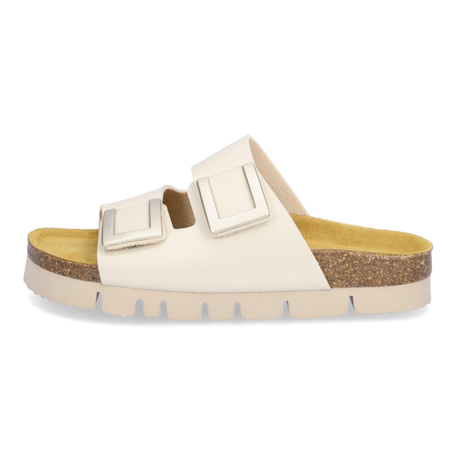 MIDS MIKA Damen Pantolette beige, Zweiriemer mit verstellbarem Klettverschluss & Lederfußbett