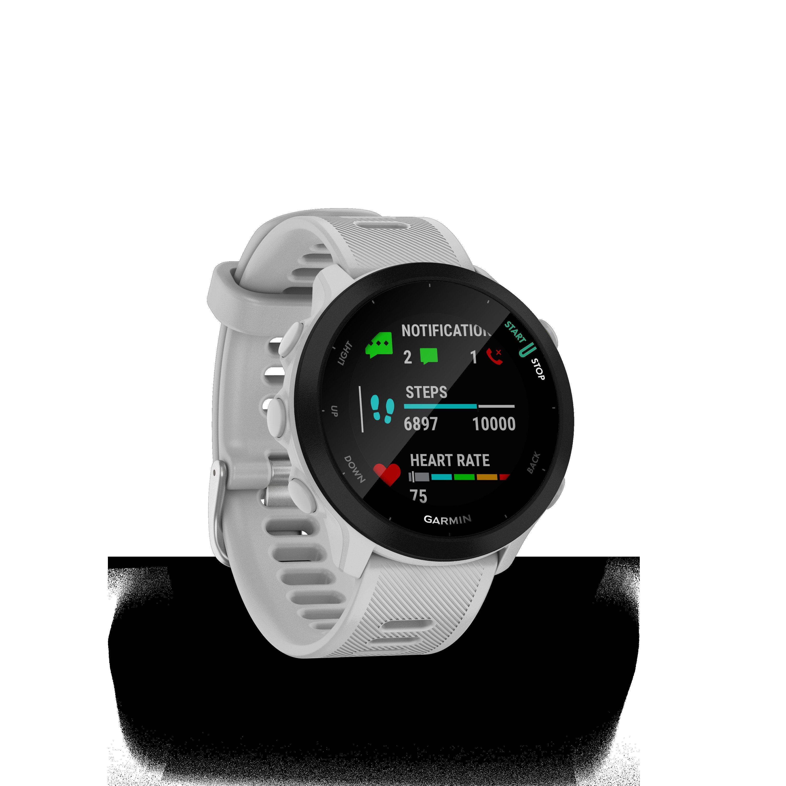 Garmin FORERUNNER Garmin), Weiß (2,64 Multisport- Zoll, 55 schwarz/weiß Smartwatch | GPS-Laufuhr cm/1,04