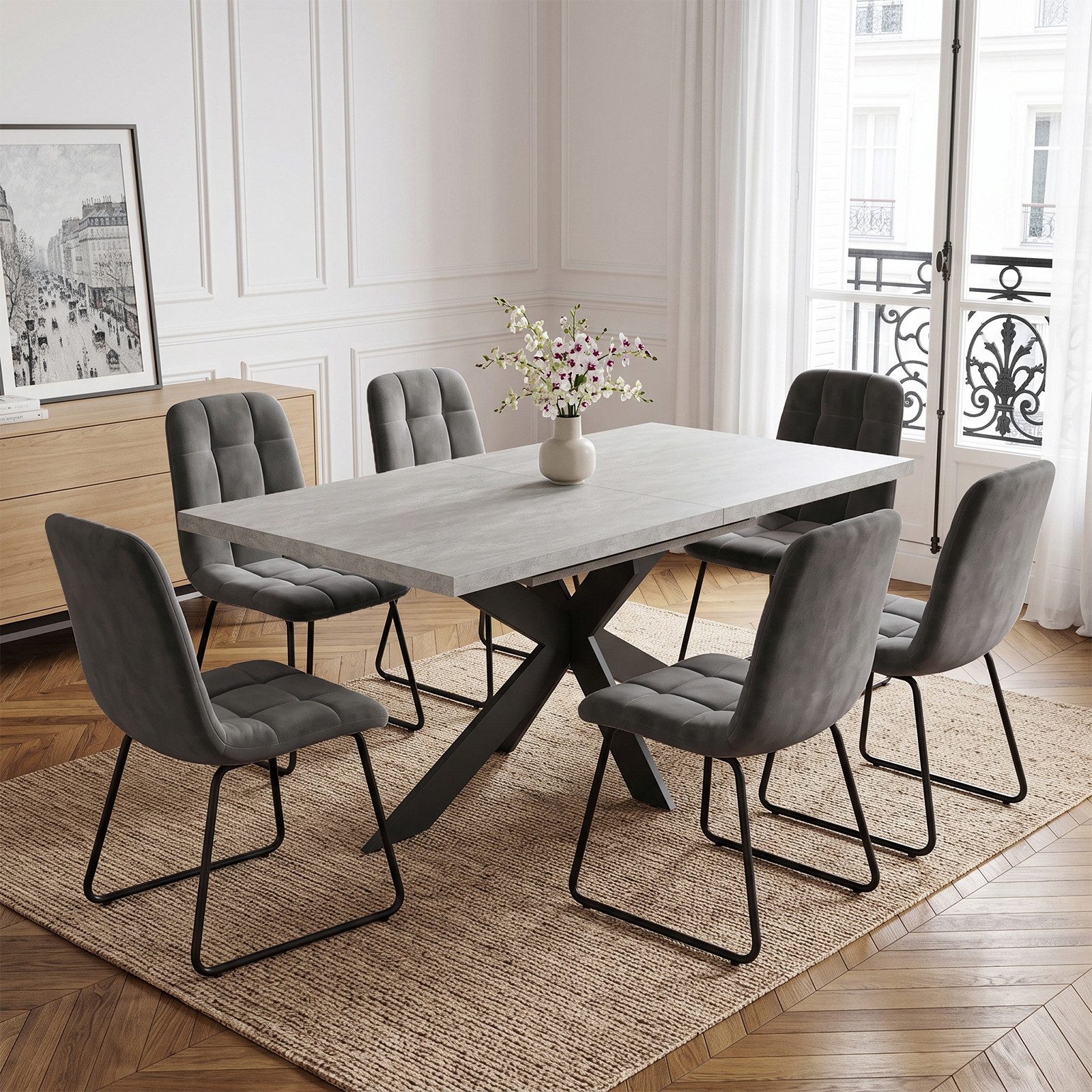 Jiexi Essgruppe Ausziehbarer Esstisch 160-200cm MDF Rhein Set Flanell Stühle U-Form