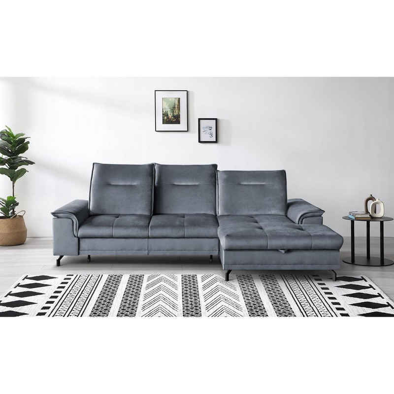 Beautysofa Ecksofa Bruno mini, moderne Ecke mit verstellbaren Kopfstützen, Sitztiefenverstellung, aus velours, kleine Corner Schlafsofa mit Bettkasten