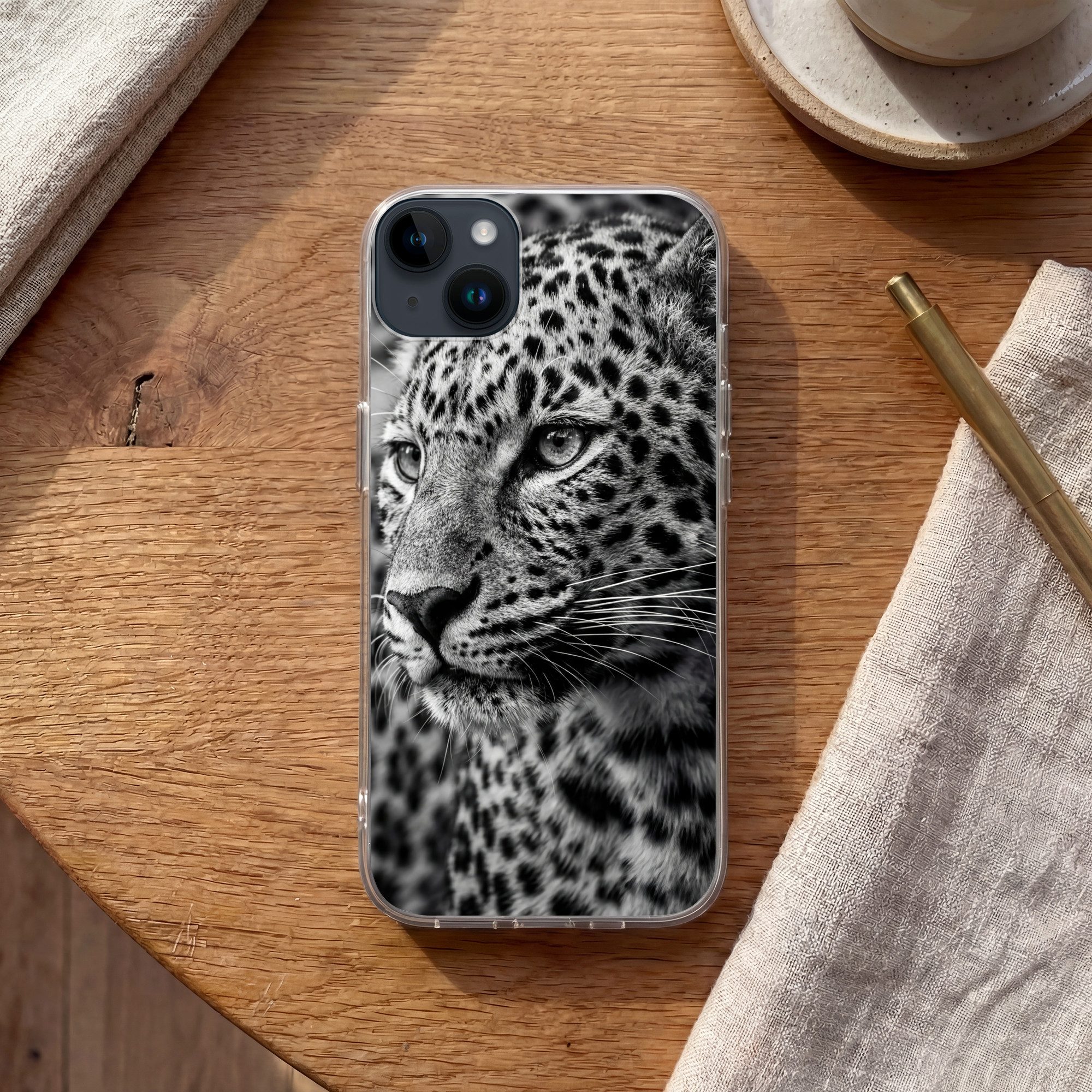 MuchoWow Handyhülle für Apple iPhone 14 Plus Leopard - Schwarz - Weiß - Auge, Smartphone-Bumper, Print, Handy Schutzhülle Dünn