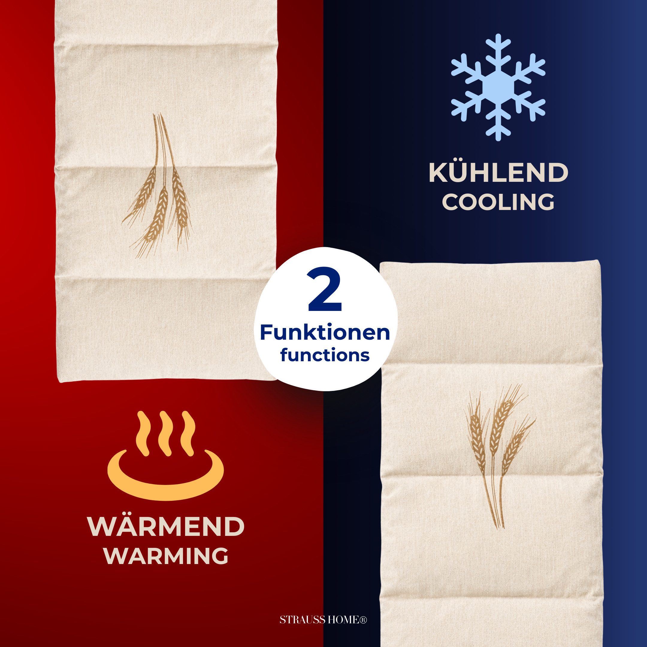 Strauss Home Wärmekissen Körnerkissen Groß– Mikrowellengeeignet natürliche Weizenkörner, (1-tlg), gegen Verspannungen im Nacken uvm. - Abnehmbarer Bezug