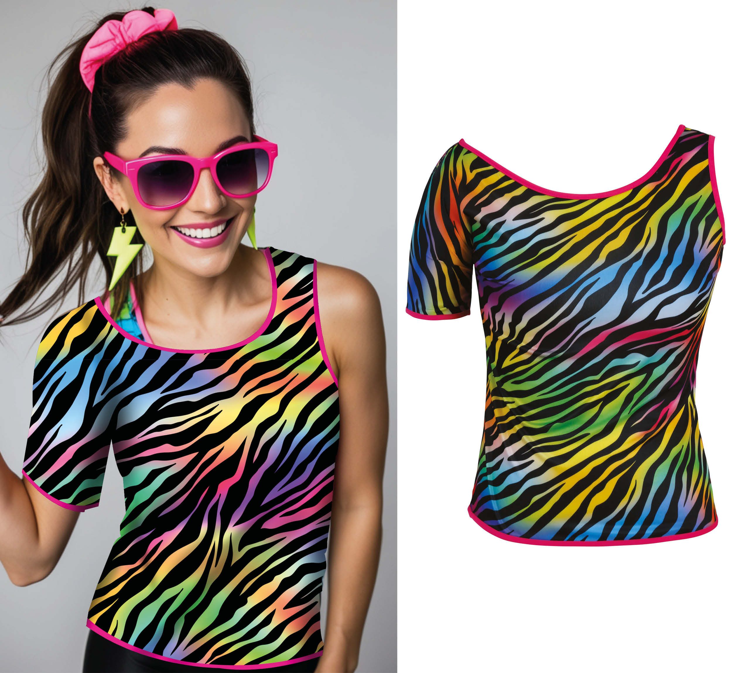 Fiestas Guirca Kostüm, Disco 80er Jahre Zebra Muster Karneval Outfits Bunt Retro Look Neon Pa
