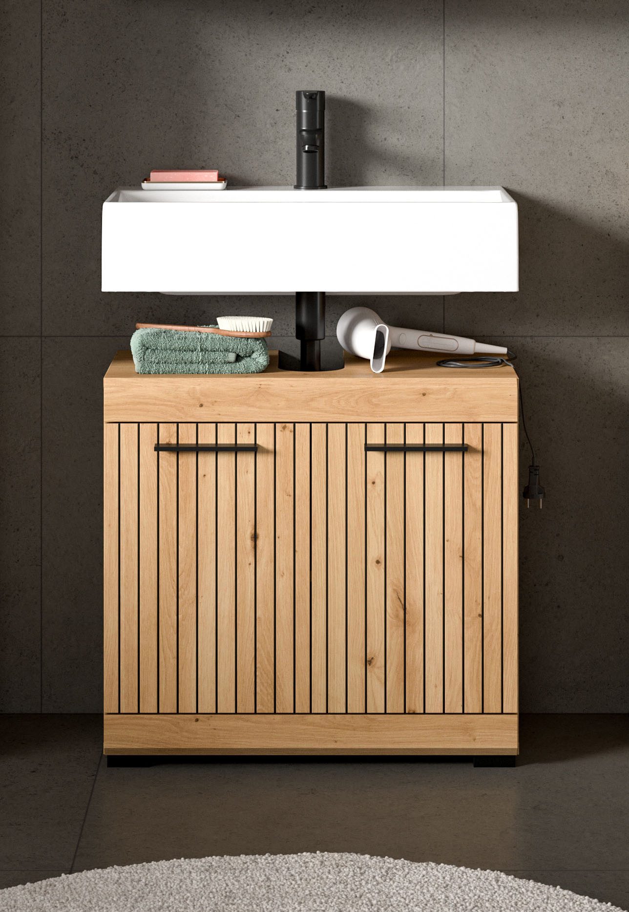 welltime Waschbeckenunterschrank SIENA, Breite 60cm, mit 2 Türen oder 2 Schubkästen, MDF-Front (1-St., TOPSELLER!, mit Siphonausschnitt 10x25 cm) in verschieden – Bild 2 von 5