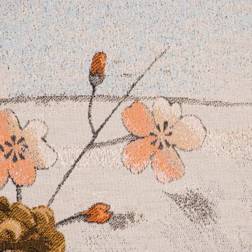 SCHÖNER LEBEN. Stoff Panel Landscape Asia Kranich Rosen beige orange 1Stk 140x142cm