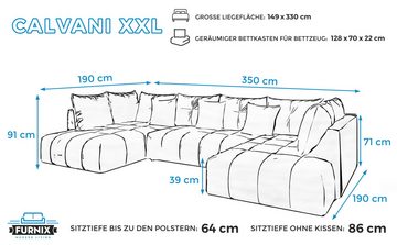 Furnix Wohnlandschaft CALVANI XXL Polstercouch Schlafsofa in U-Form Bettkasten und Kissen, großzügige Abmessungen, hochwertige Materialien