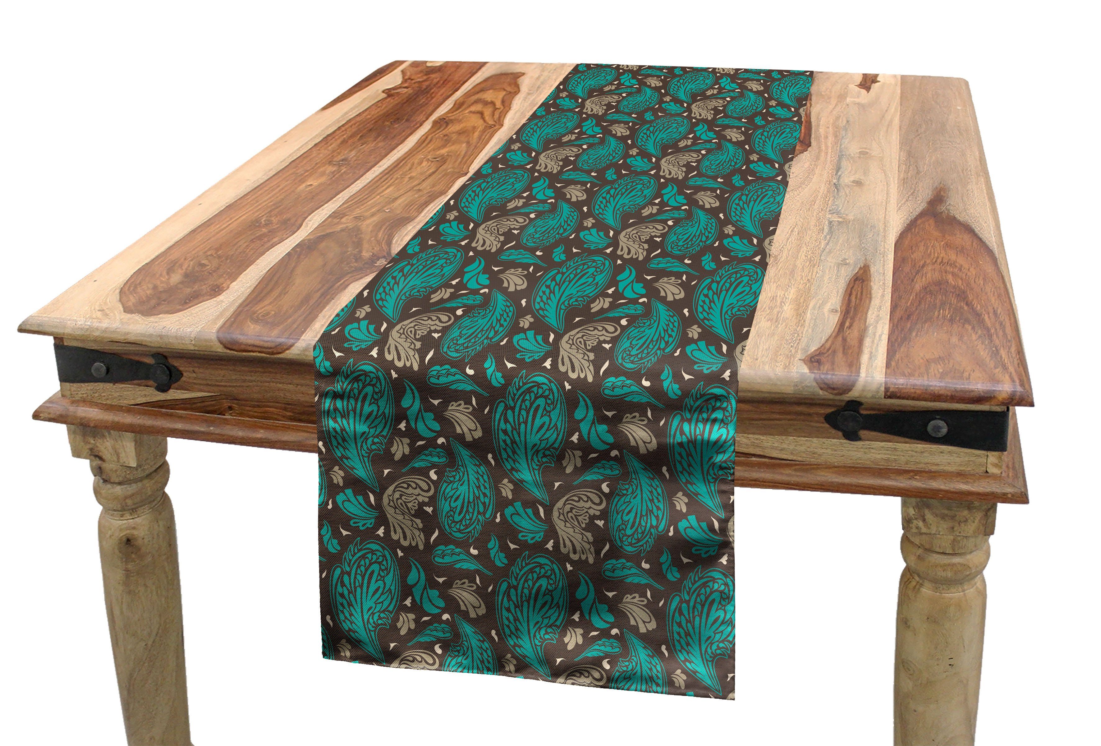 Abakuhaus Tischläufer Esszimmer Küche Rechteckiger Dekorativer Tischläufer, Brown und Blau Retro Curly Blätter
