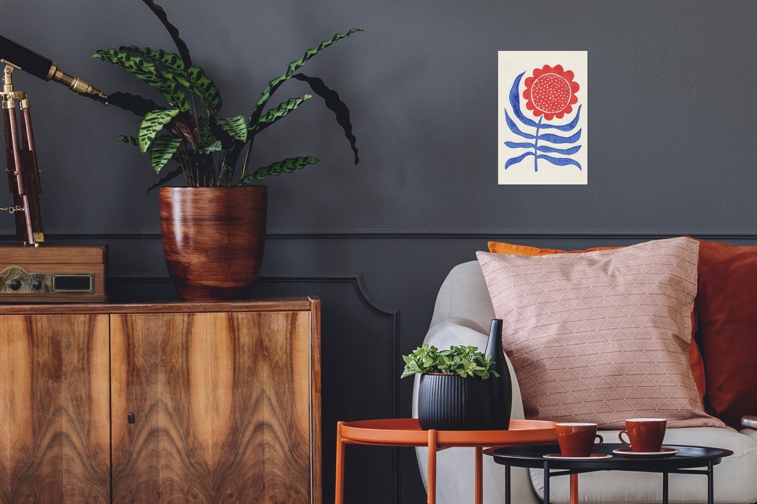 für Pflanze Blume Ohne - - Wandbild, Wandposter Poster, St), - Rahmen Rot Blau, Poster MuchoWow Wohnzimmer, (1